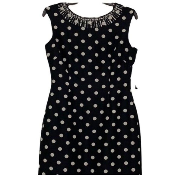 Tahari Polka Dot Embellished Neckline Sleeveless Dress size 4 Petite Navy Blue - Picture 10 of 12